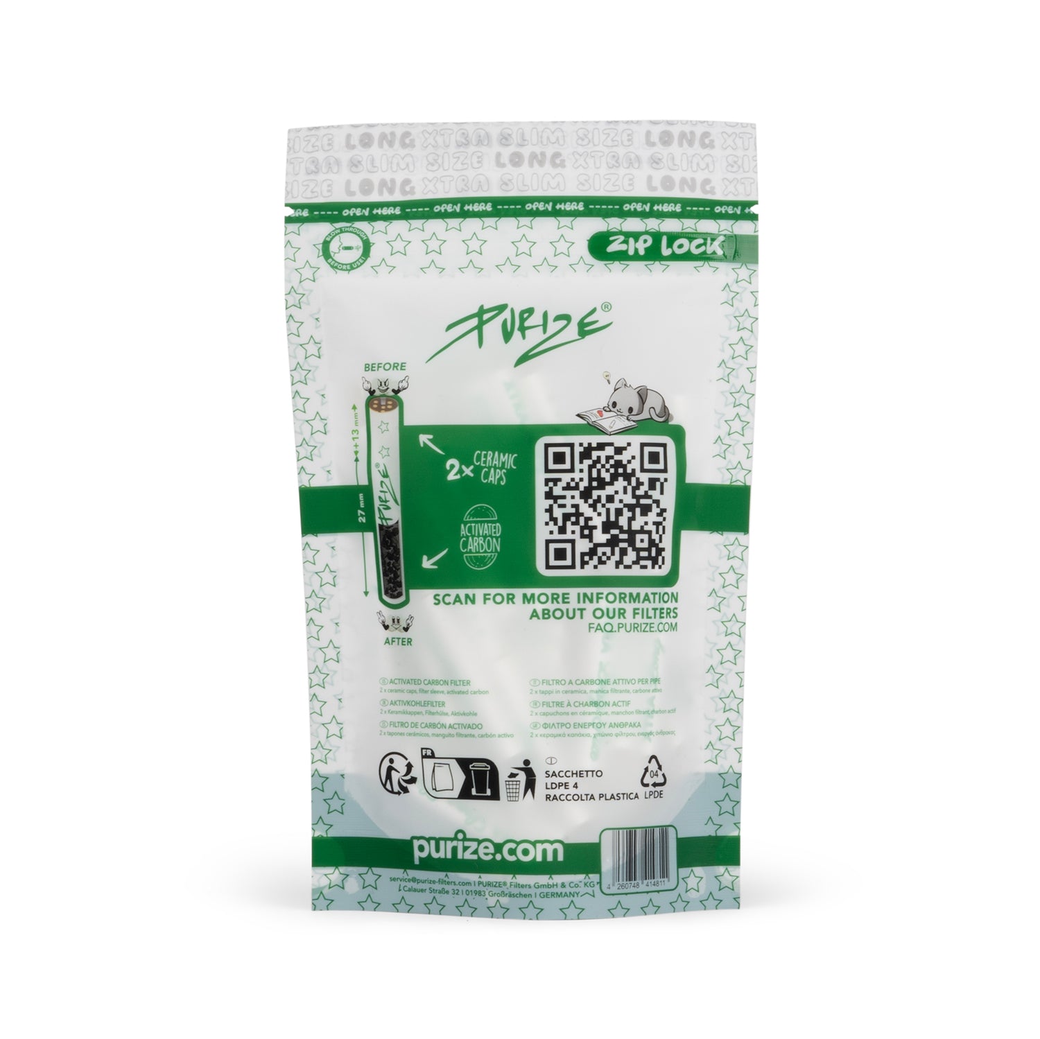 Purize XTRA Slim Size Long aktivkullfilter 6 mm 50 stk hvit