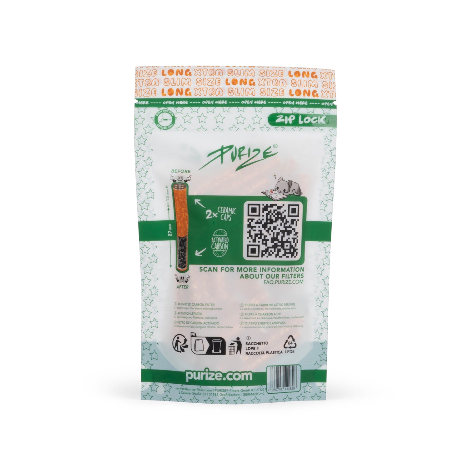 Purize XTRA Slim Size Long aktivkullfilter 6 mm 50 stk hvit
