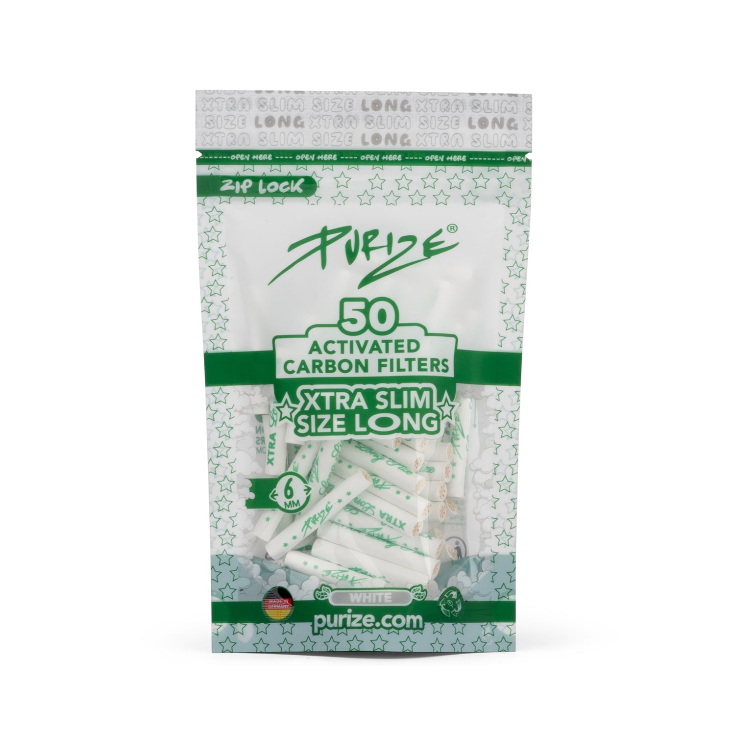 Purize XTRA Slim Size Long aktivkullfilter 6 mm 50 stk hvit