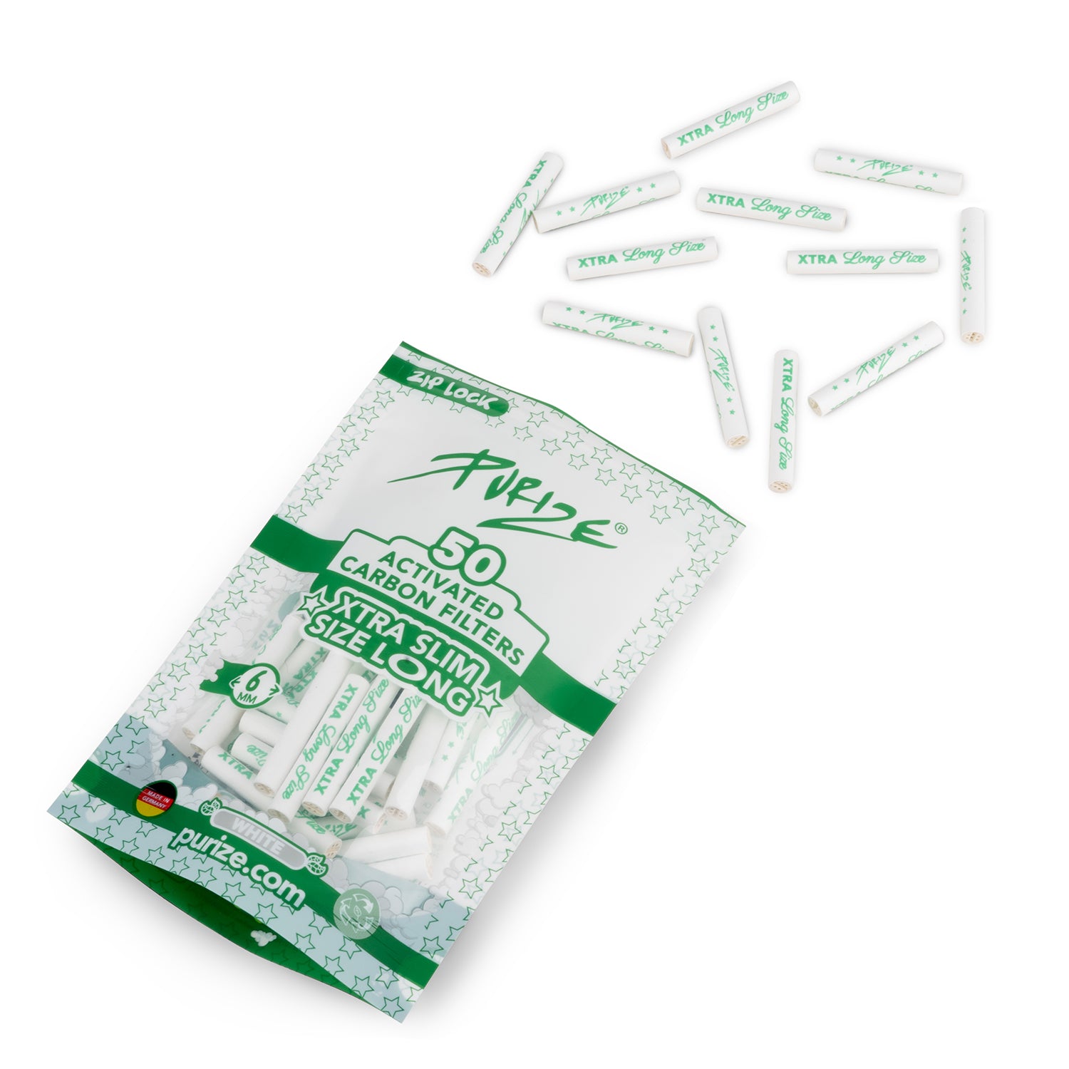 Purize XTRA Slim Size Long aktivkullfilter 6 mm 50 stk hvit