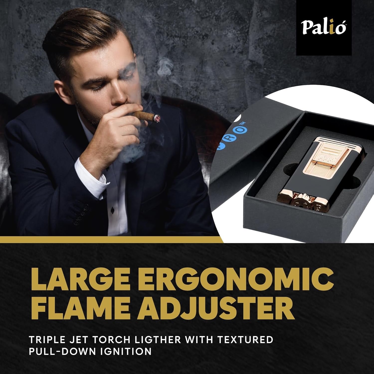Palió PRO Polaris sigarlighter triple-jet svart/rosegull vindfast